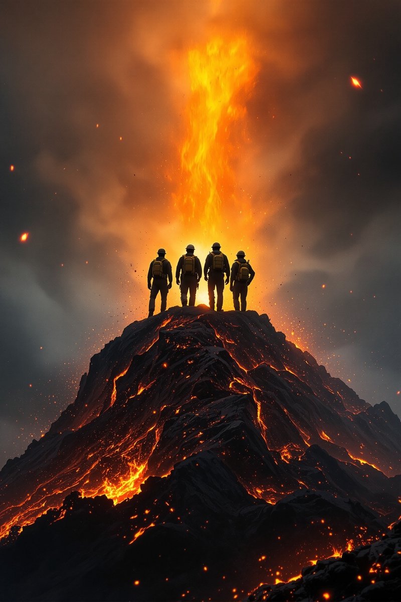 《熔岩之心》动作电影海报，地质学家团队闯入活火山，在岩浆喷发前带走关键样本。